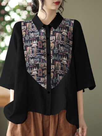 Print Patchwork Button Ruched Lapel Casual Shirt