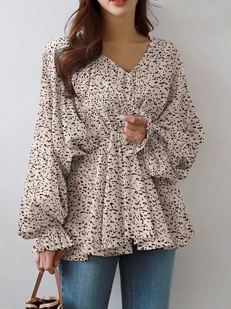 Puffärm Solid Bohemian Casual Leopardtryckt Blus