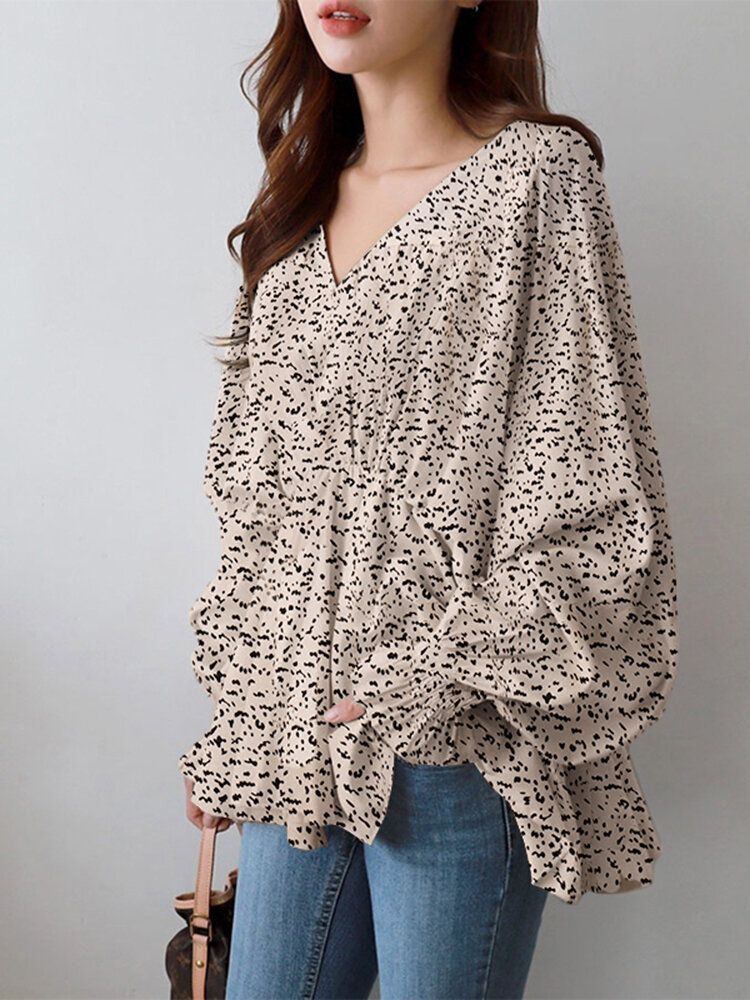 Puffärm Solid Bohemian Casual Leopardtryckt Blus