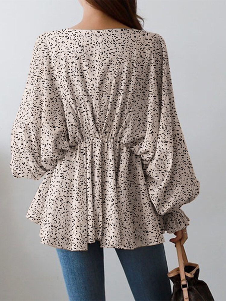 Puffärm Solid Bohemian Casual Leopardtryckt Blus