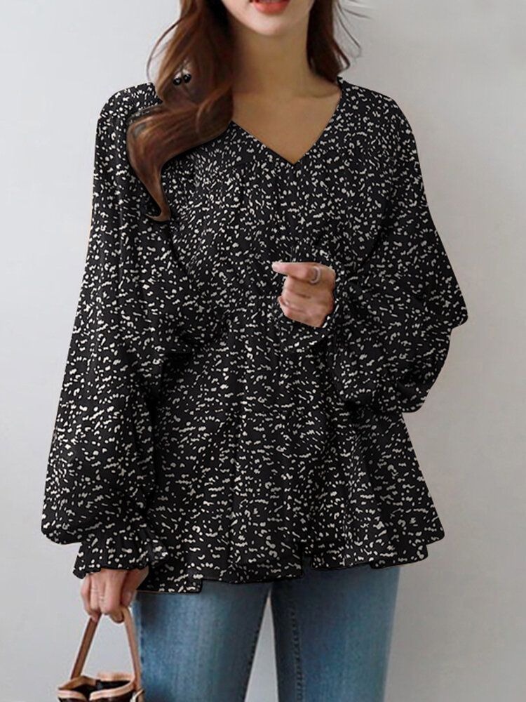 Puffärm Solid Bohemian Casual Leopardtryckt Blus