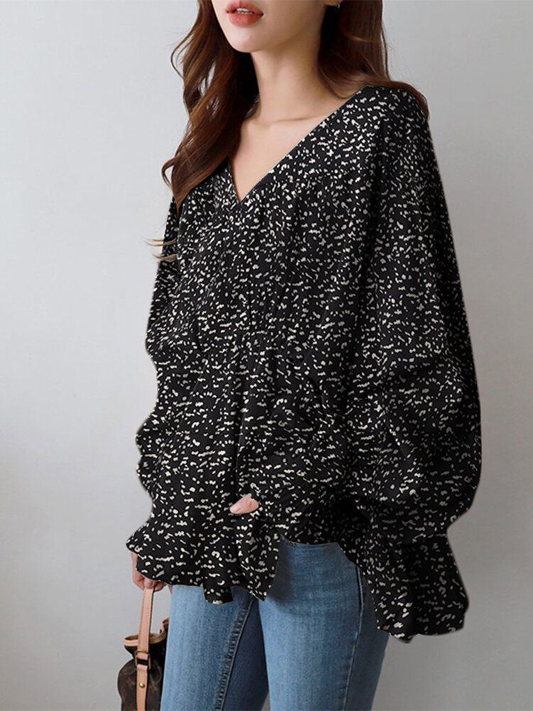 Puffärm Solid Bohemian Casual Leopardtryckt Blus