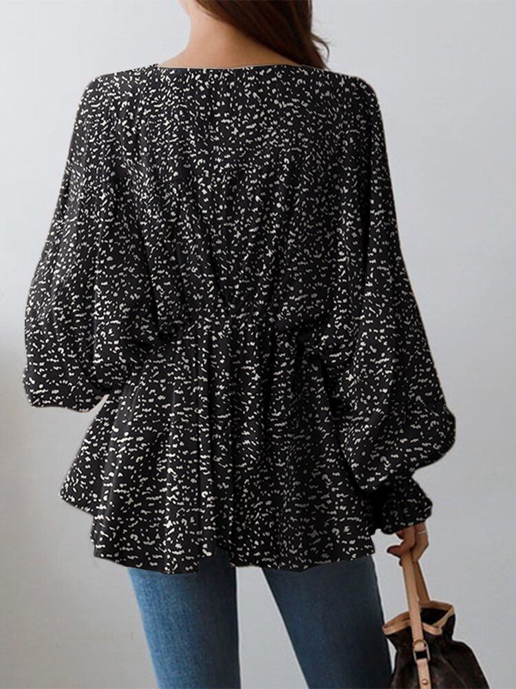 Puffärm Solid Bohemian Casual Leopardtryckt Blus