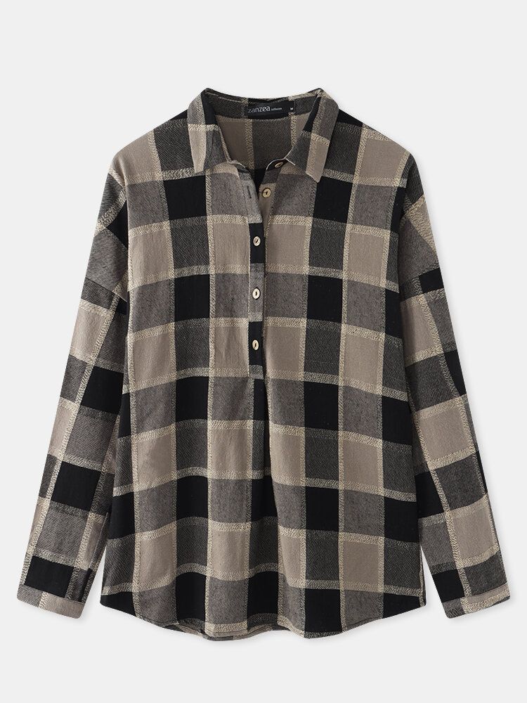 Rutigt Tryck Vintage Knapp Lös Slagkrage Långärmad Casual Blus För Kvinnor