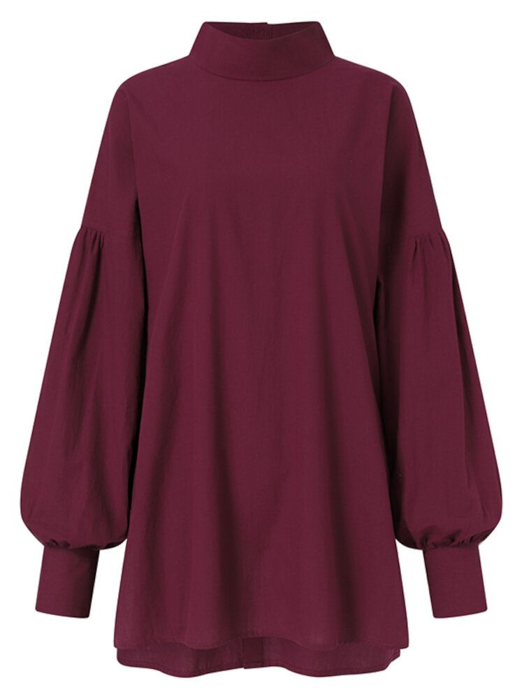 Solid Casual Turtleneck Button Puffärmar Blus Med Hög Låg Fåll