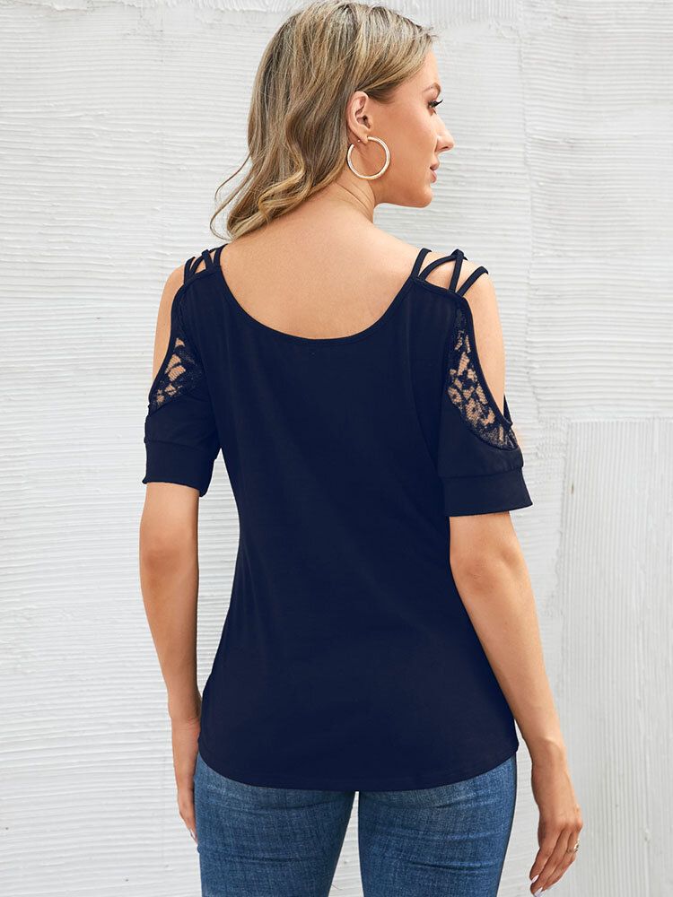 Solid Lace Splicing Cold Shoulder Backless Casual Blus