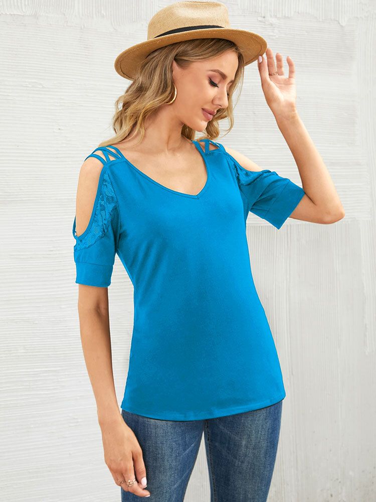 Solid Lace Splicing Cold Shoulder Backless Casual Blus