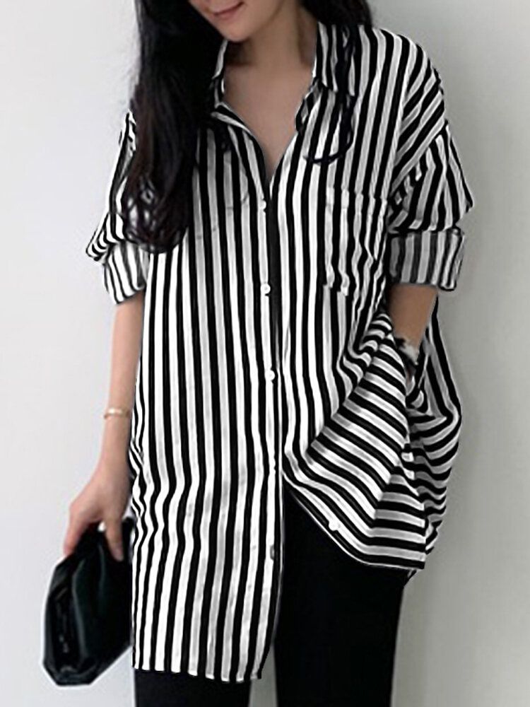 Stripe Print Pocket Long Sleeve Lapel Button Down Shirt