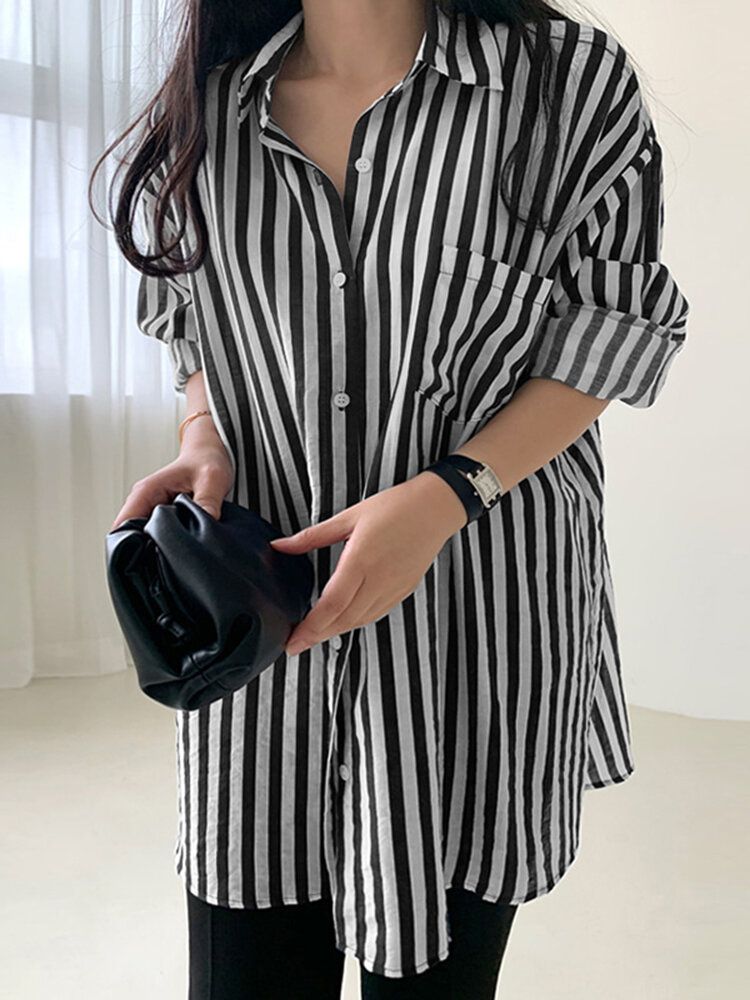 Stripe Print Pocket Long Sleeve Lapel Button Down Shirt