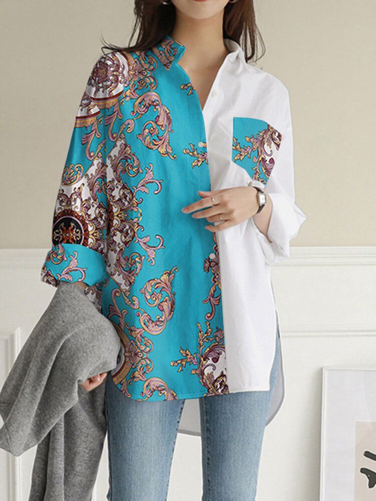 Tribal Pattern Contrast Color Pocket Button Down Shirt