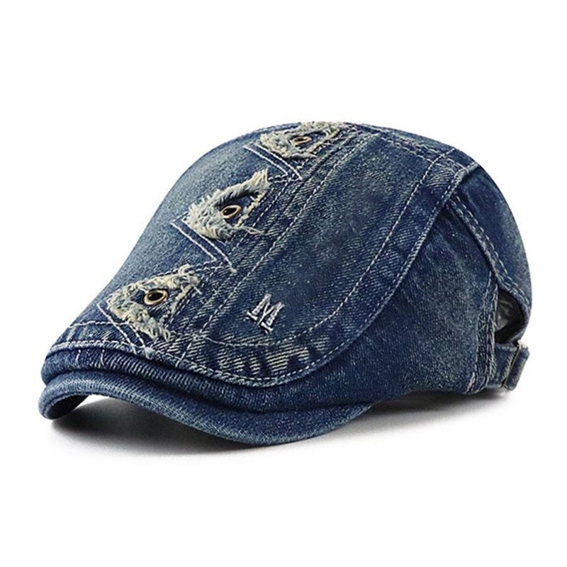 Collrown Herr Denim Distressed Frayed Andningsbar Solskydd Kort Brätte Casual Vintage Forward Hattar Basker Platta Kepsar