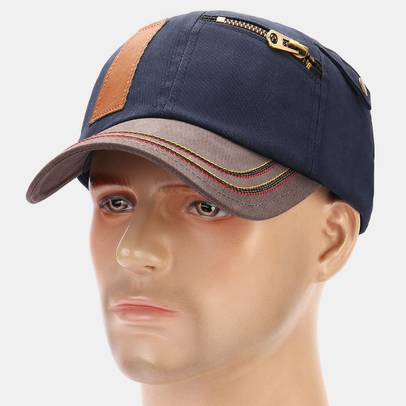 Collrown Herr Kontrastfärg Patch Dragkedja Dekor Vintage Mode Solskydd Baseballhatt