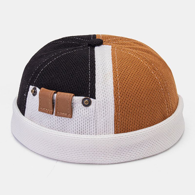 Collrown Herr Polar Fleece Färgblock Stitching Dome Beanie Skull Cap Höst Vinter Varm Justerbar Läder Spänne Hyresvärd Keps