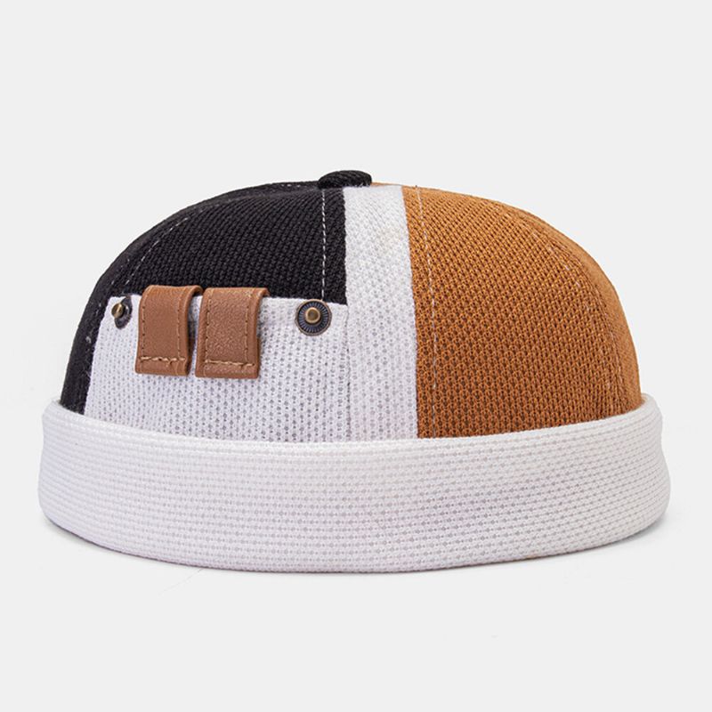 Collrown Herr Polar Fleece Färgblock Stitching Dome Beanie Skull Cap Höst Vinter Varm Justerbar Läder Spänne Hyresvärd Keps