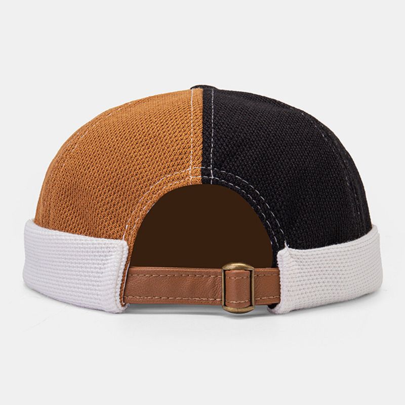 Collrown Herr Polar Fleece Färgblock Stitching Dome Beanie Skull Cap Höst Vinter Varm Justerbar Läder Spänne Hyresvärd Keps