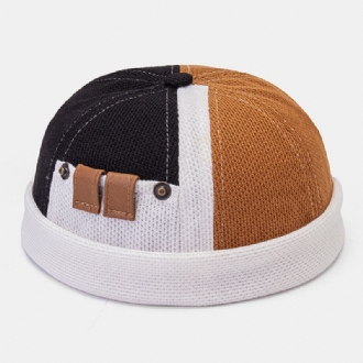 Collrown Herr Polar Fleece Färgblock Stitching Dome Beanie Skull Cap Höst Vinter Varm Justerbar Läder Spänne Hyresvärd Keps