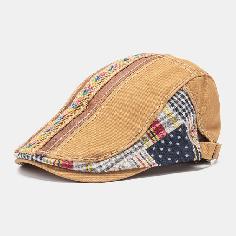 Collrown Unisex Bomull Patchwork Regnbågsfärgad Vävd Halmrep Dekoration Casual All-match Basker Flat Cap Ivy Cap