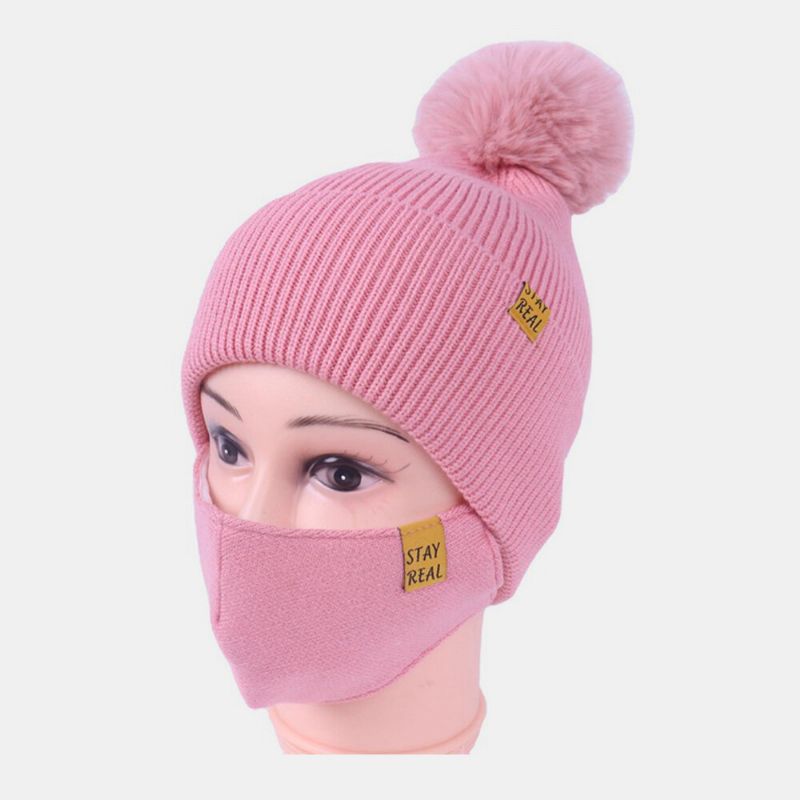 Dam 2st Ull Vinter Håll Värmen Dagligen Casual Nacke Ansiktsskydd Fluff Ball Stickad Mössa Beanie Mask