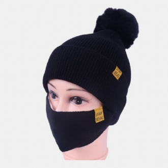 Dam 2st Ull Vinter Håll Värmen Dagligen Casual Nacke Ansiktsskydd Fluff Ball Stickad Mössa Beanie Mask