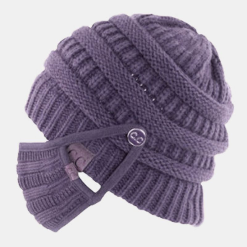 Dam 2st Woolen Plus Thicken Keep Warm Öron Ansiktsskydd Stickad Hattmask Med Luddboll