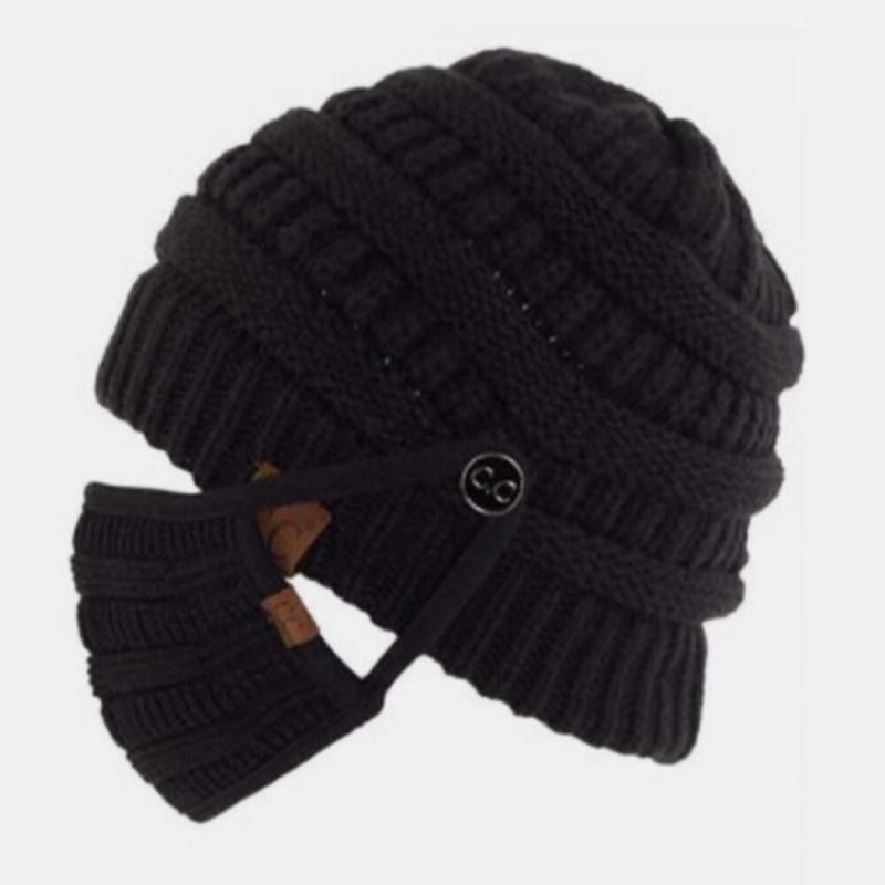 Dam 2st Woolen Plus Thicken Keep Warm Öron Ansiktsskydd Stickad Hattmask Med Luddboll