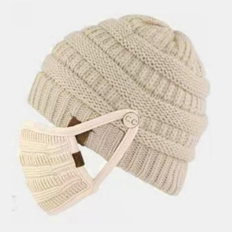 Dam 2st Woolen Plus Thicken Keep Warm Öron Ansiktsskydd Stickad Hattmask Med Luddboll