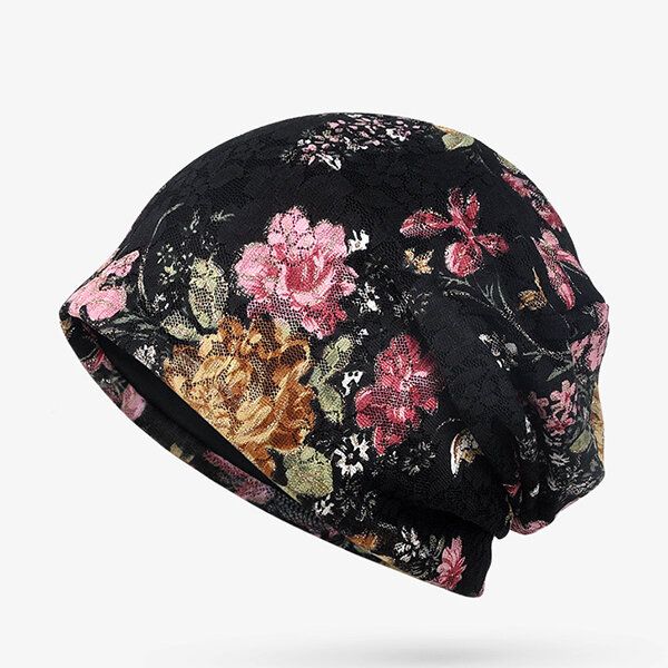 Dam Blommor Bomull Spets Mössa Etnisk Vintage Bra Elastisk Turban Kepsar Som Andas