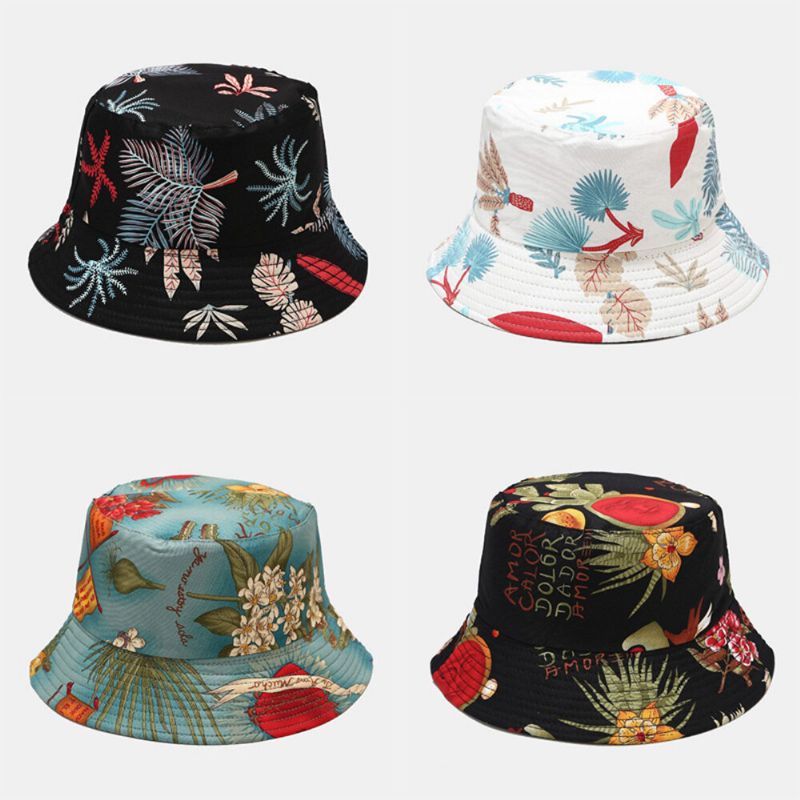 Dam Dubbelsidig Sommar Uv-skydd Marint Växtmönster Casual Enkel Solhatt Bucket Hat