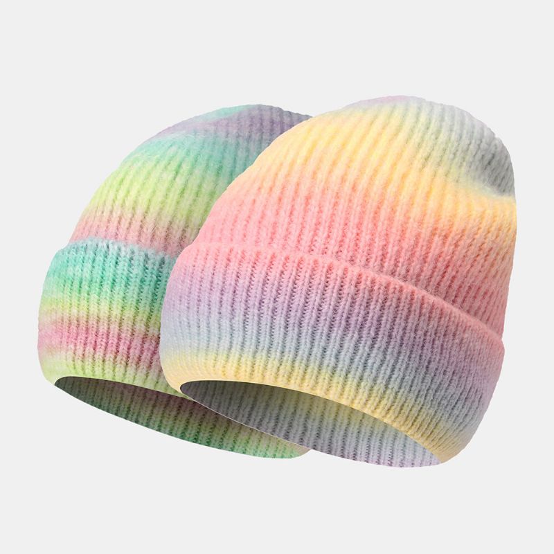 Dam Gradient Höst Vinter Varm Stickad Mössa Personlighet Vild Flänsande Öronskydd Beanie Hatt