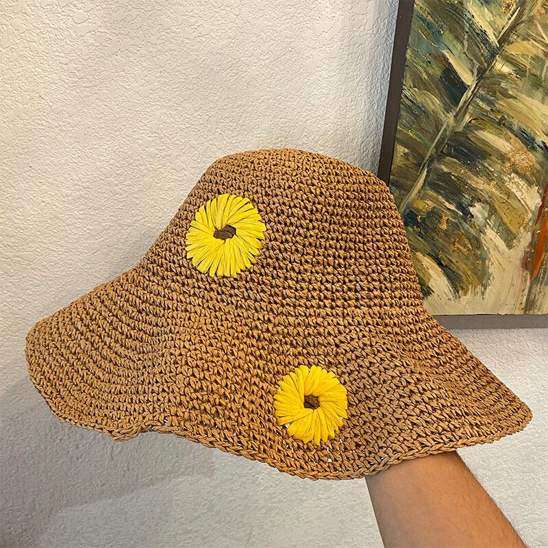 Dam Halm Blommig Enfärgad Elegant Solros Stor Brätte Visir Solskyddshatt Strandhatt Bucket Hat