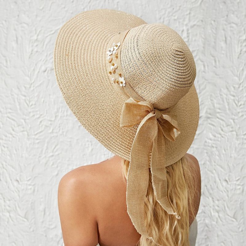 Dam Halm Enfärgad Elegant Big Brätte Pearl Bowknot Wavy Edge Visir Solhatt Strandhatt Bucket Hat