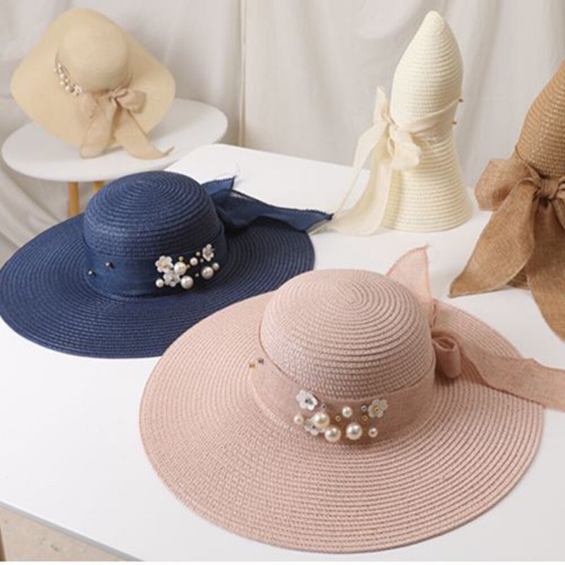 Dam Halm Enfärgad Elegant Big Brätte Pearl Bowknot Wavy Edge Visir Solhatt Strandhatt Bucket Hat