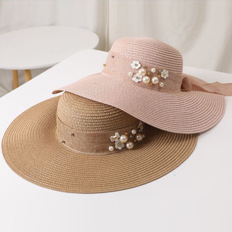 Dam Halm Enfärgad Elegant Big Brätte Pearl Bowknot Wavy Edge Visir Solhatt Strandhatt Bucket Hat