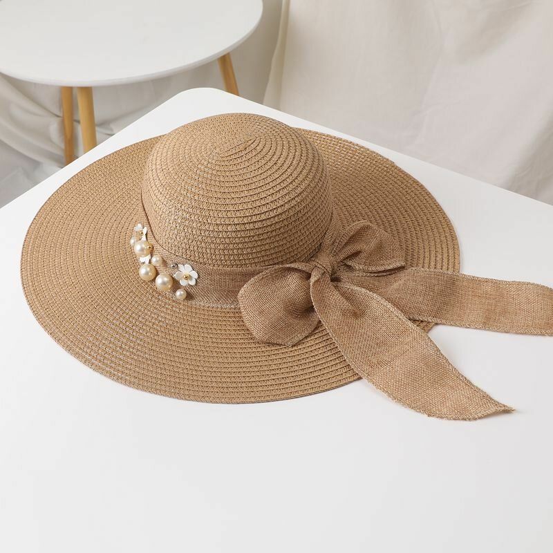 Dam Halm Enfärgad Elegant Big Brätte Pearl Bowknot Wavy Edge Visir Solhatt Strandhatt Bucket Hat