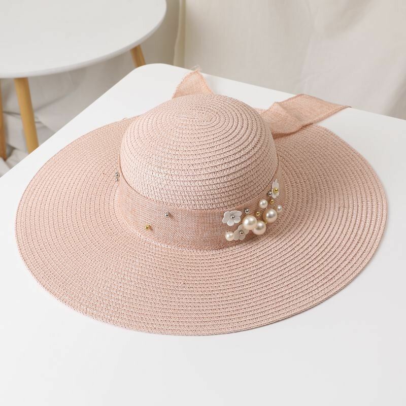 Dam Halm Enfärgad Elegant Big Brätte Pearl Bowknot Wavy Edge Visir Solhatt Strandhatt Bucket Hat