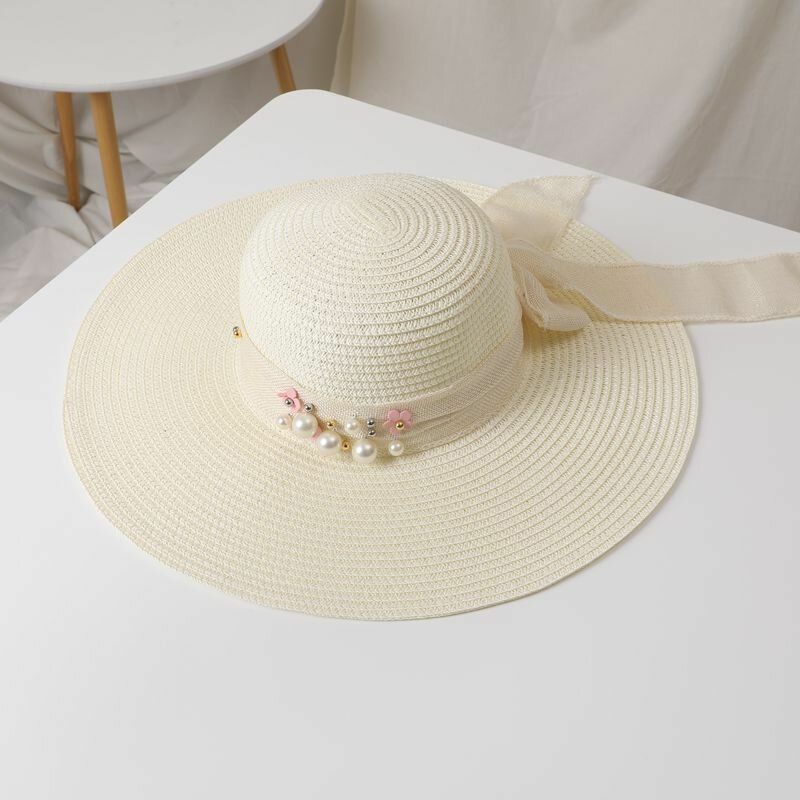 Dam Halm Enfärgad Elegant Big Brätte Pearl Bowknot Wavy Edge Visir Solhatt Strandhatt Bucket Hat