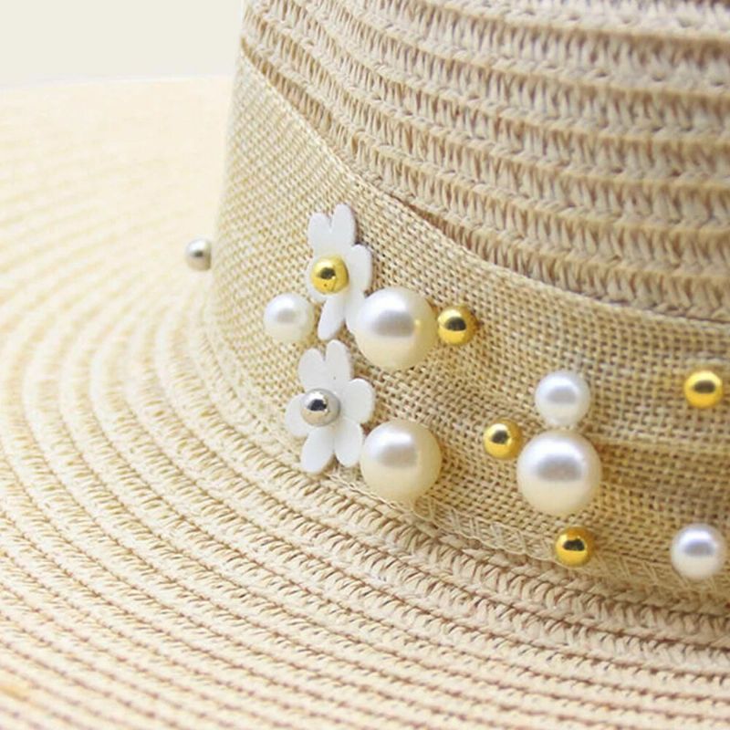 Dam Halm Enfärgad Elegant Big Brätte Pearl Bowknot Wavy Edge Visir Solhatt Strandhatt Bucket Hat