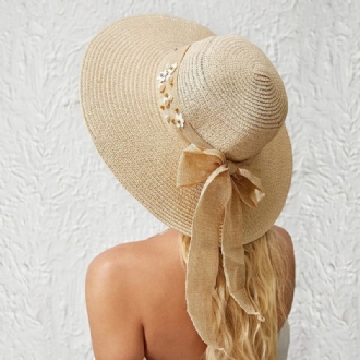 Dam Halm Enfärgad Elegant Big Brätte Pearl Bowknot Wavy Edge Visir Solhatt Strandhatt Bucket Hat