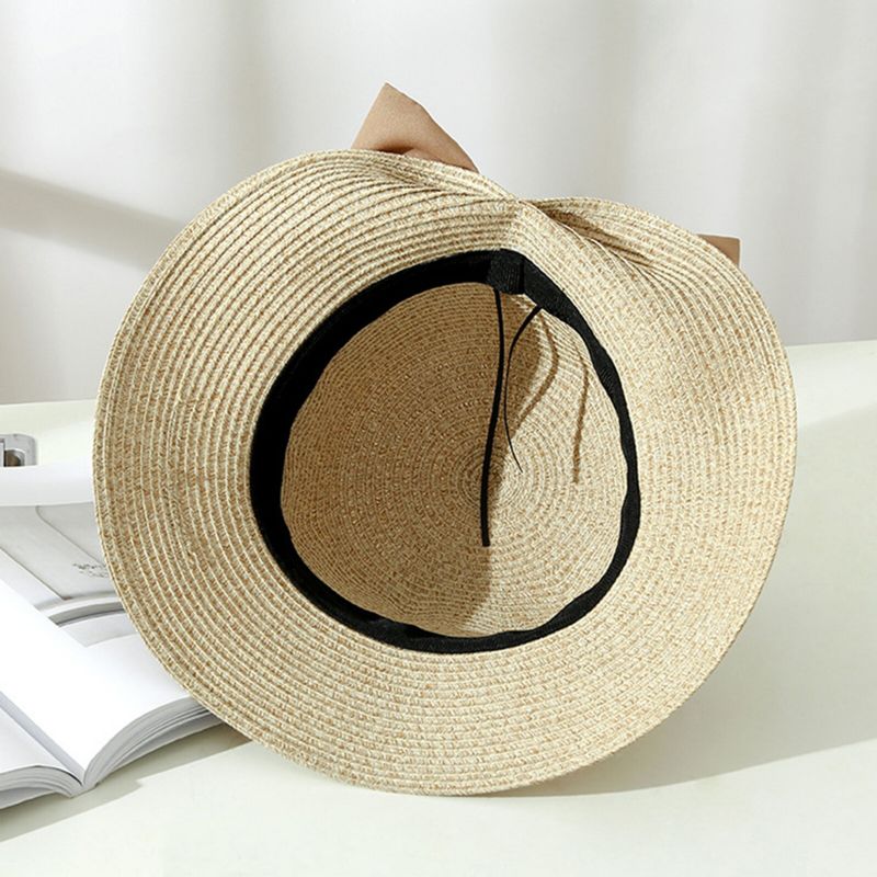 Dam Halm Fritid Semester Mångsidig Andningsbar Skugga Big Bow Straw Hat Tour Beach Bucket Cap