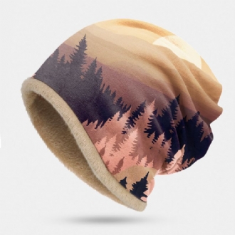 Dam Plus Sammet Mountain Treetop Print Mönster Mjuk Personlighet Andas Turban Cap Beanie