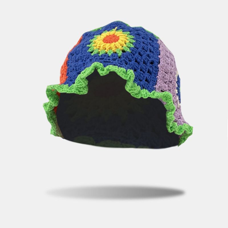 Dam Sun Mönster Hollow Rainbow Stickad Baotou Keps Sommar Andas Bucket Hat