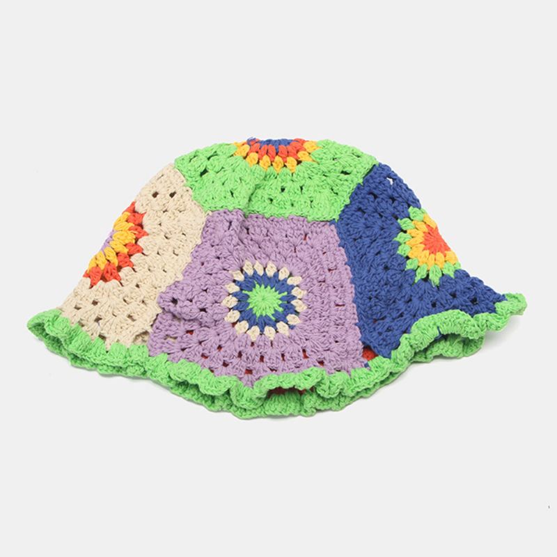 Dam Sun Mönster Hollow Rainbow Stickad Baotou Keps Sommar Andas Bucket Hat