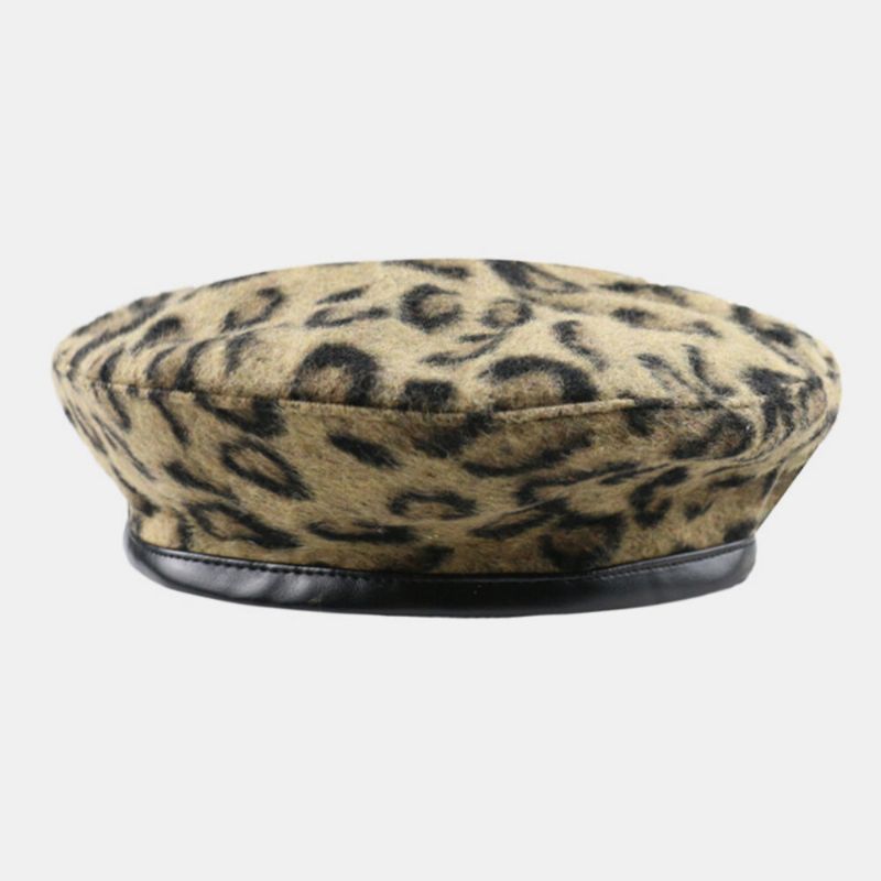 Dam Ull Leopard Varm Retro Målare Hatt Basker Hatt Åtkantig Hatt Platt Hatt