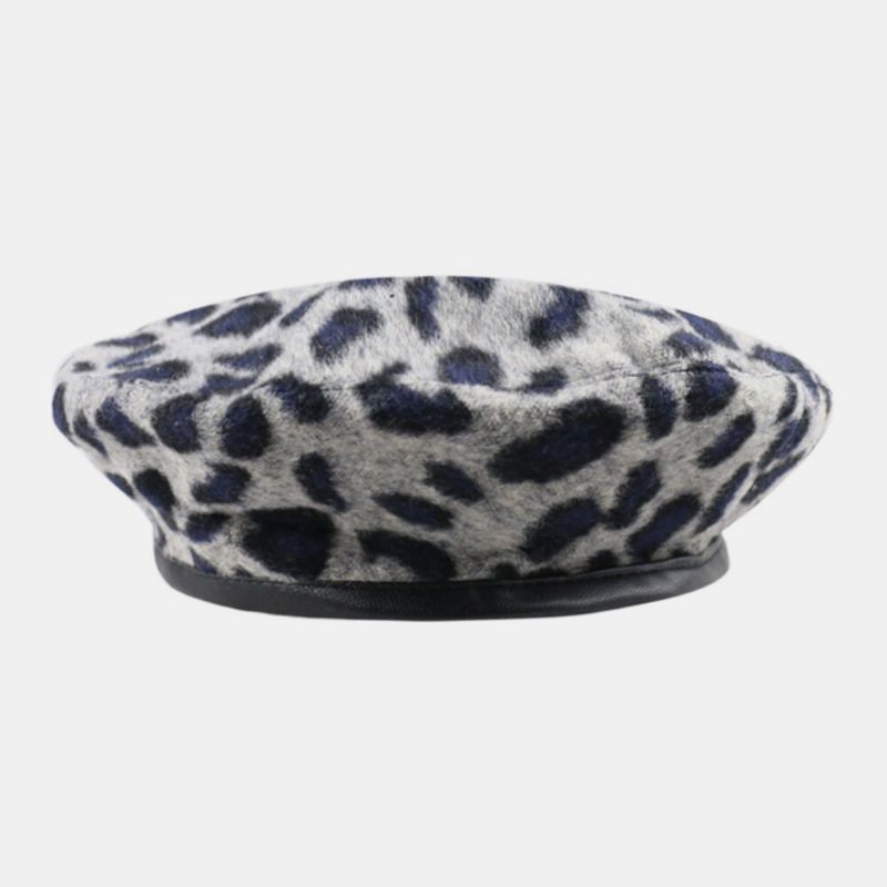 Dam Ull Leopard Varm Retro Målare Hatt Basker Hatt Åtkantig Hatt Platt Hatt