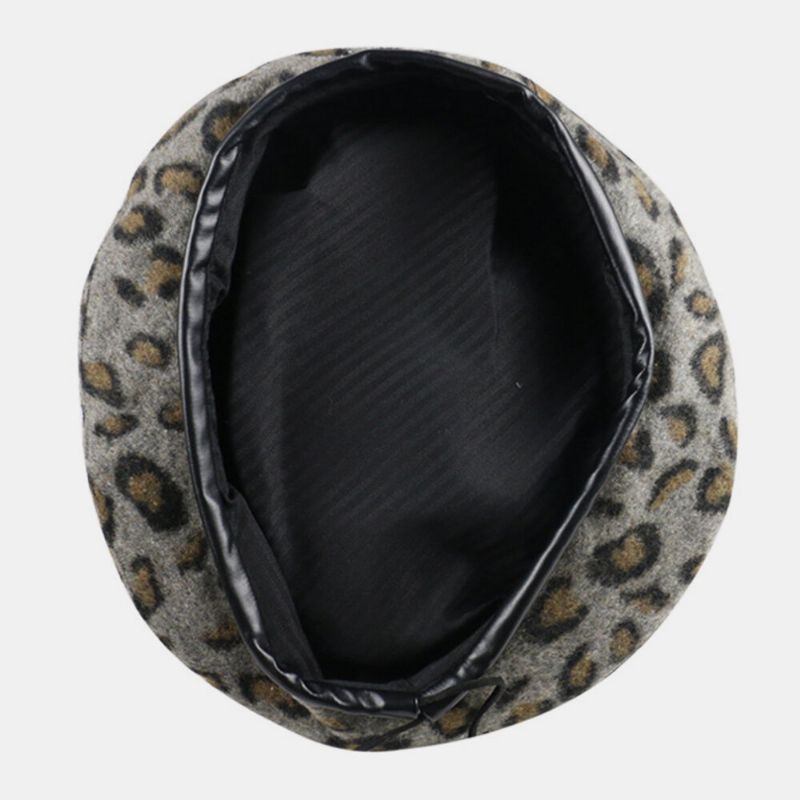 Dam Ull Leopard Varm Retro Målare Hatt Basker Hatt Åtkantig Hatt Platt Hatt