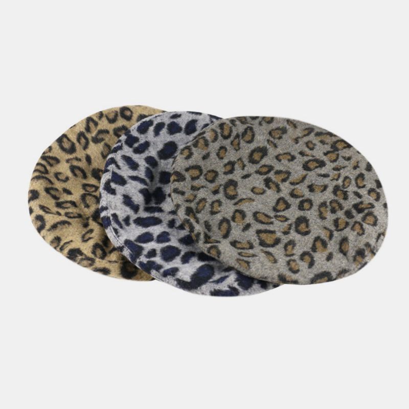 Dam Ull Leopard Varm Retro Målare Hatt Basker Hatt Åtkantig Hatt Platt Hatt