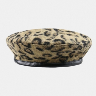 Dam Ull Leopard Varm Retro Målare Hatt Basker Hatt Åtkantig Hatt Platt Hatt