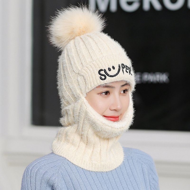 Damer I Ett Stycke Ull Plus Thicken Plus Sammet Varm Nacke Ansikte Öronskydd Ridskidor Stickad Mössa Beanie Med Fluff Ball