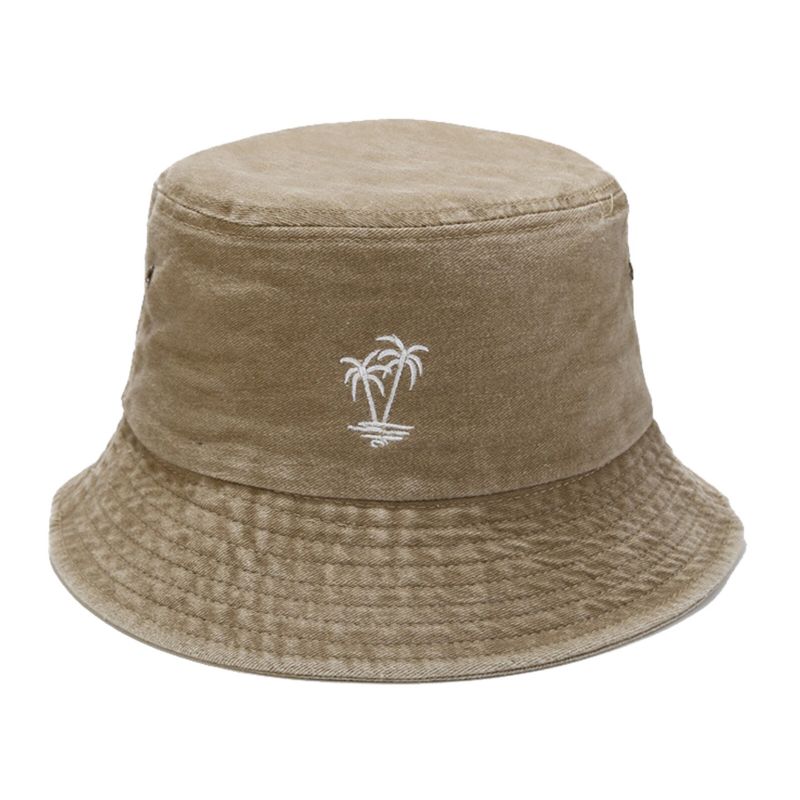 Herr Bomull Vintage Tvättad Kokosnöt Broderad Utomhussportfiske Vandringshatt Bucket Hat