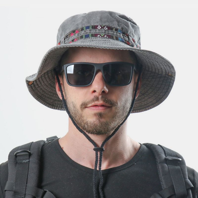 Herr Bomullsfärgad Blomrandig Solskyddshatt Vindtät Rep Utomhus Casual Climbing Bucket Hat